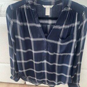 H&M Navy Plaid Button-Down Blouse